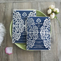 Blue Silver Glitter Paper Laser Cut Wedding Invitation Card With Ribbon