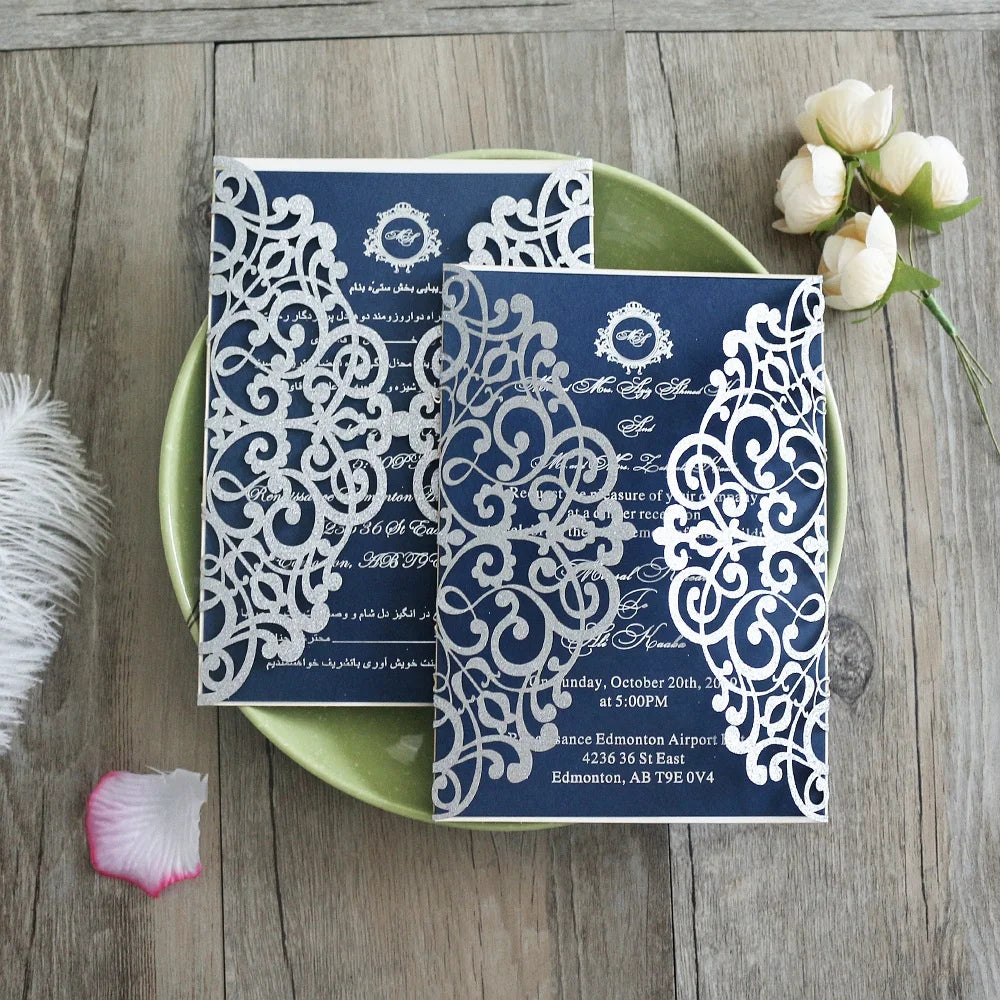 Blue Silver Glitter Paper Laser Cut Wedding Invitation Card With Ribbon