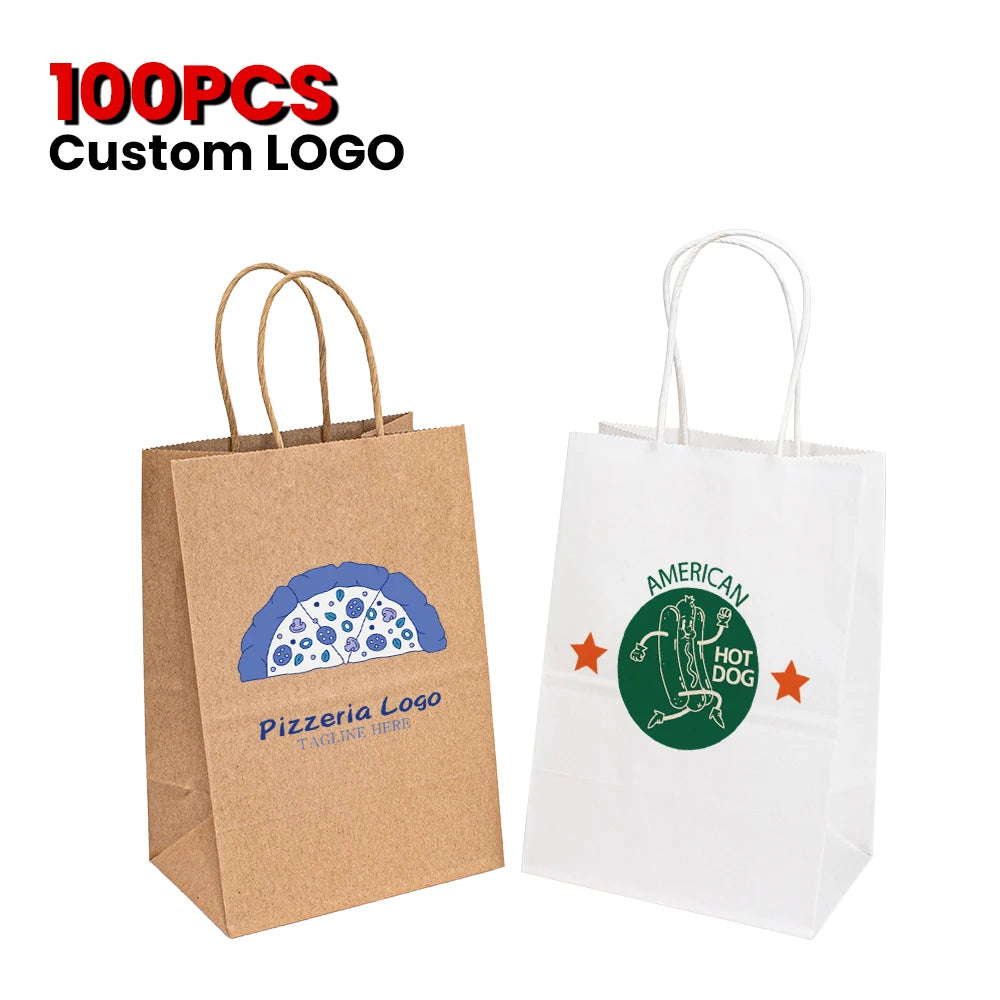 Custom Logo Printed Eco-Friendly Recycled Brown White Kraft Food Shopping Paper Bag with Handles Made in China