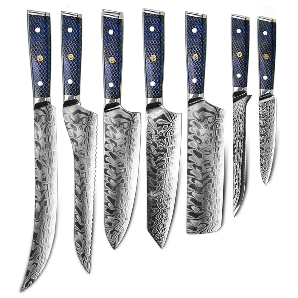 Amber 7pcs Damascus Knife Set Skinning Japanese Kitchen Chef Knives Set Sushi Knife Set With Colored Honey Comb Bee Resin Handle