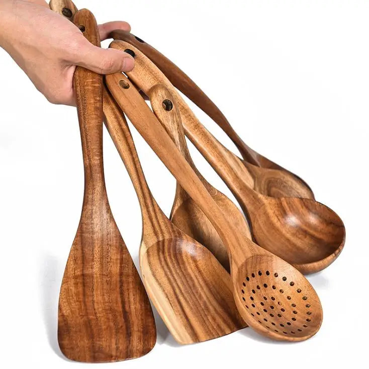 Non Stick  Acacia Wood Utensil Cooking Spatula Turner Slotted Spoon Flat Wooden Spatula Set Cooking Wooden Spoons for Kitchen