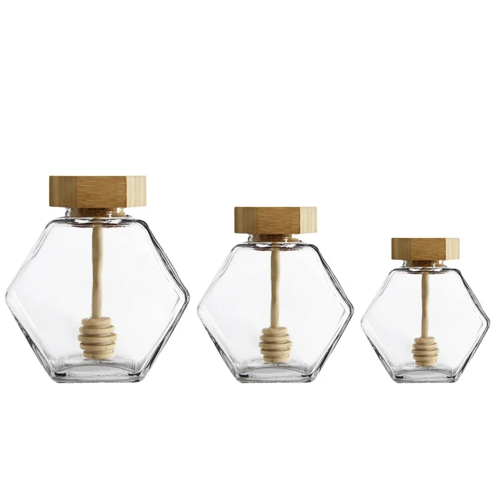 Wholesale Hexagonal Honey Pot 200ml 220ml 380ml Clear Custom Glass Honey Jar With Wooden Dipper Cork Lid Cover for Home Kitchen