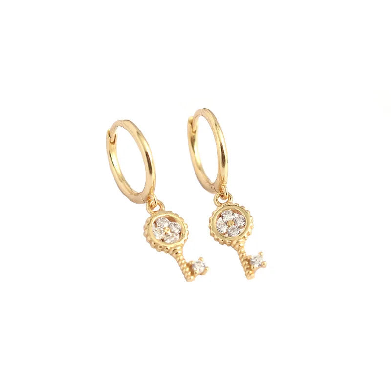 Genuine 925 Sterling Silver Key Flower Zircon Drop Earring Key Lock Charm Hoop Earring for Women