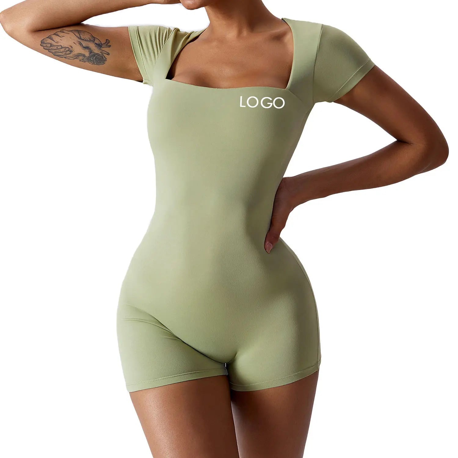 New Style Solid Color Short Sleeve Square Neckline Sports Yoga Jumpsuit One-piece Women's Bodysuits