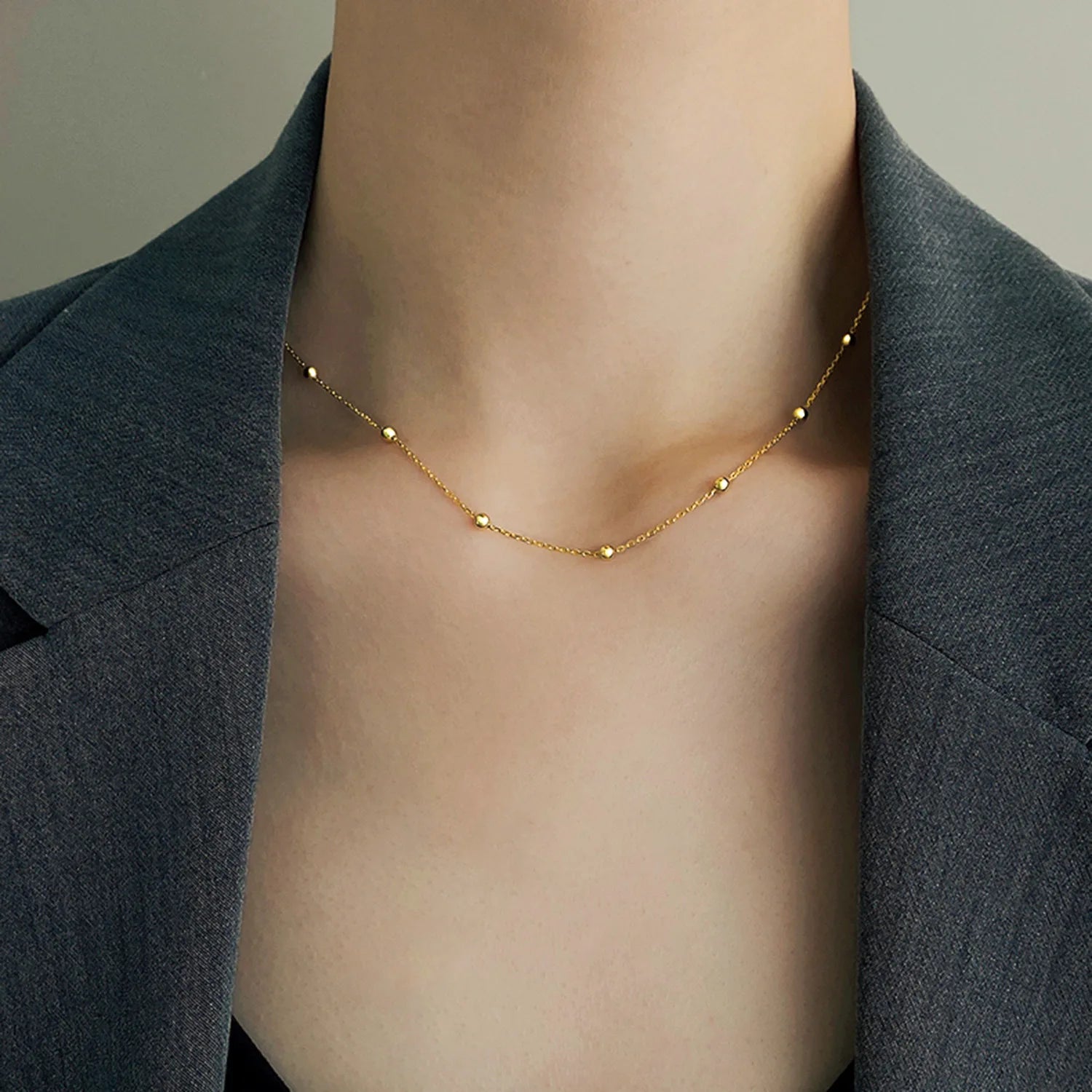 Dainty Satellite Chain Necklace Non Tarnish Stainless Steel Small Balls Choker Necklace Waterproof Beaded Chain Necklace