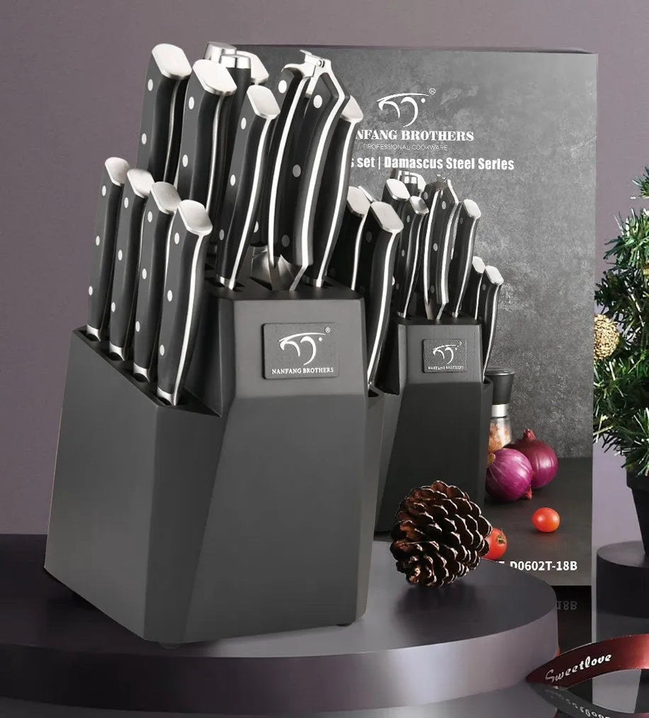 Multipurpose 18 Pieces Black Carbon Steel Santoku Steak Knives Chef Knife Set of ABS Handle