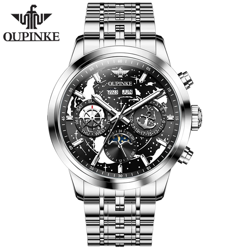 OUPINKE 3256 Custom Oem logo Fashion Waterproof Tourbillon Stainless Steel Multifunctional Skeleton Mechanical Watch for Man
