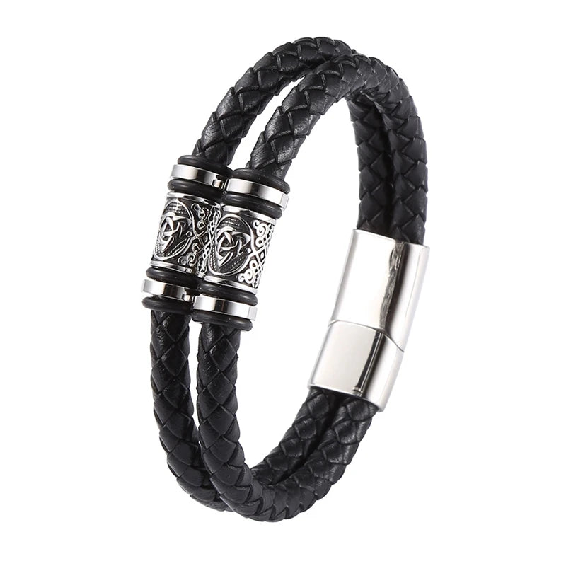 High Quality New Norse Mythology Viking Stainless Steel Men's Woven Leather Rope Bracelet Jewelry