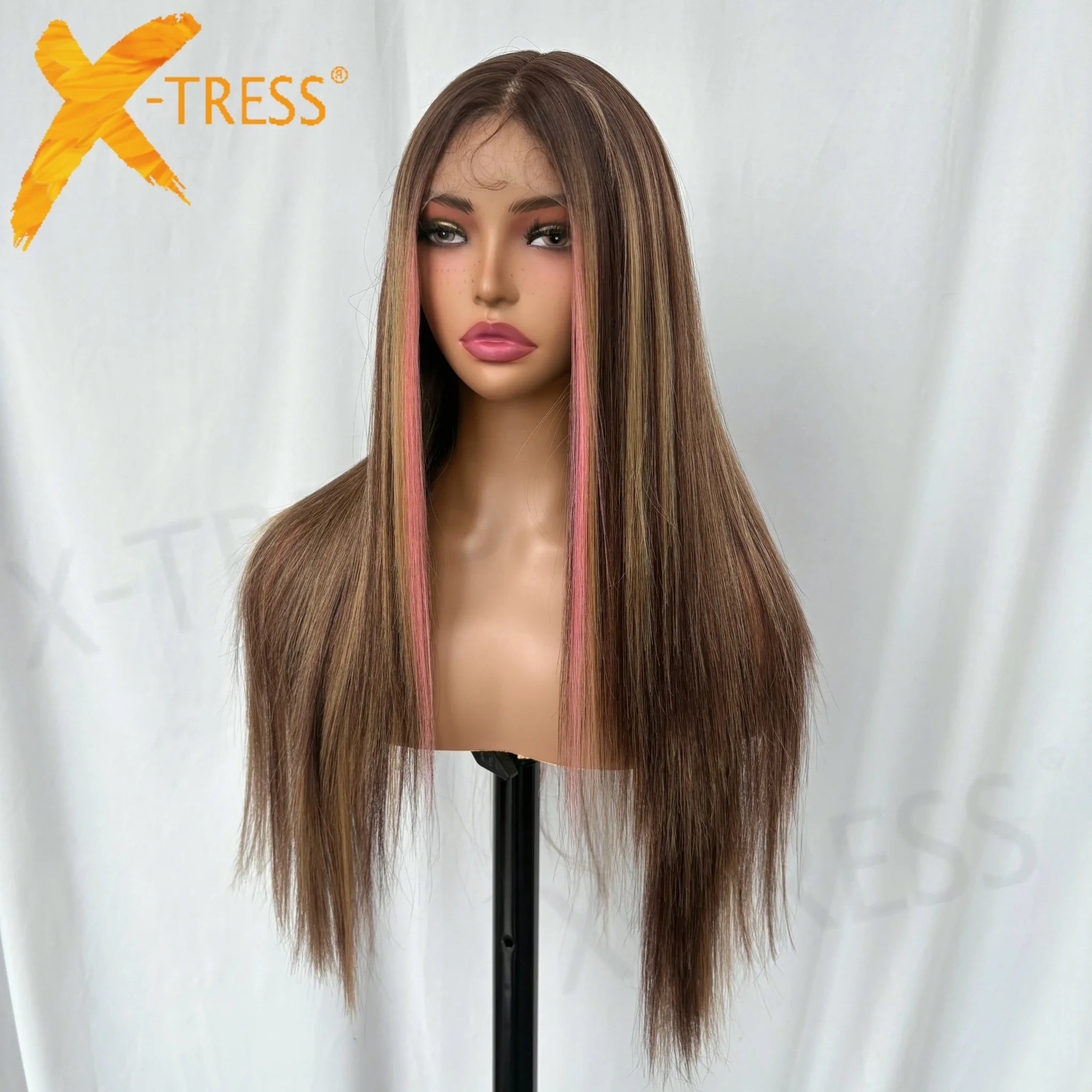 X-TRESS Pink Highlight Long Silky Straight Synthetic Wig for Women Heat Resistant Fiber Hair Wigs Middle Part Lace Front Wig