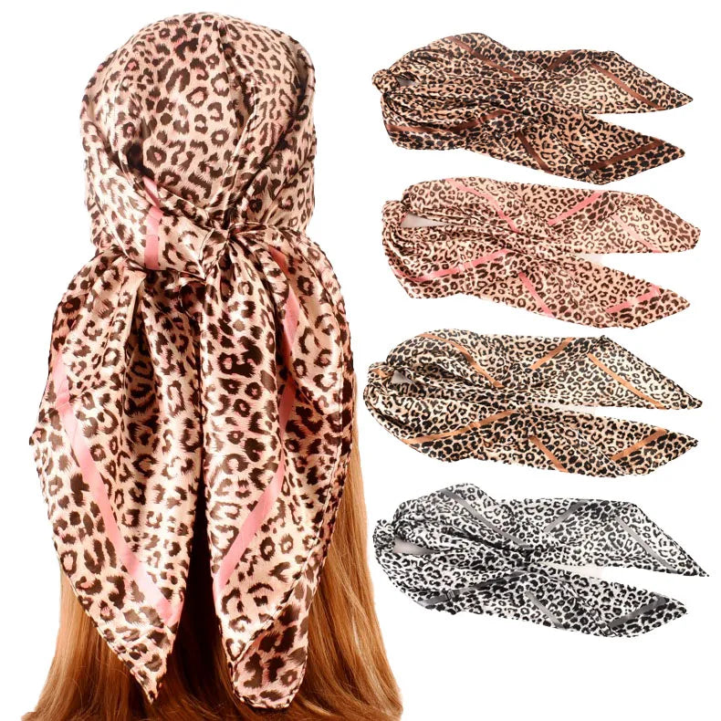90*90cm New Square Leopard Grain Animal Print Polyester Silk Satin Shawl Hair Bands Print Foulard Hijab Wraps Bandana Headband