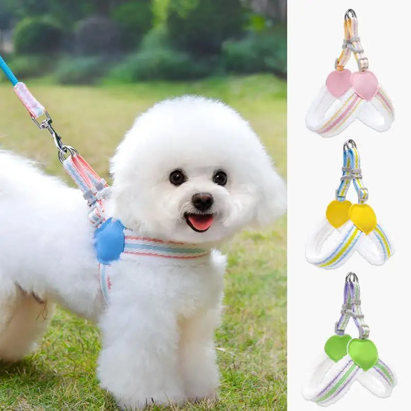 New Cotton Fleece Dog Harness and Leash Suit Heart Pattern Breathable Pet Harness Washable Leash Walking Dog Suit