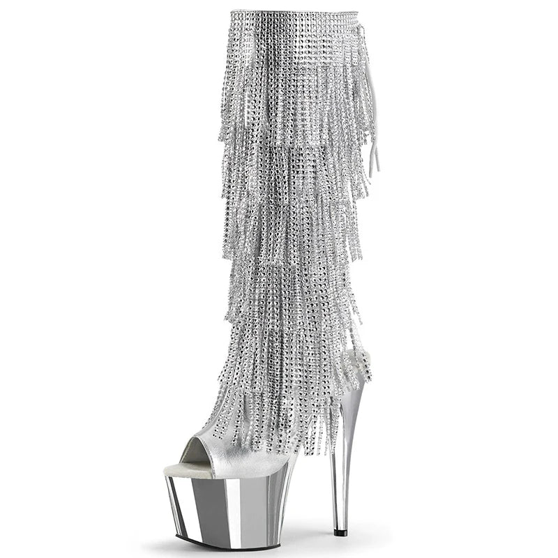 Fringe Transparent Boots New Platform Pole Dance 17cm Exotic Dancer Thin Heel Ultra-high Heel Model Stripper Heels Walk Show