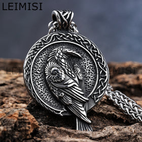 Mens Norse Viking Necklace Retro Stainless Steel Odin Raven Crow Animal Rune Pendants for Men Women