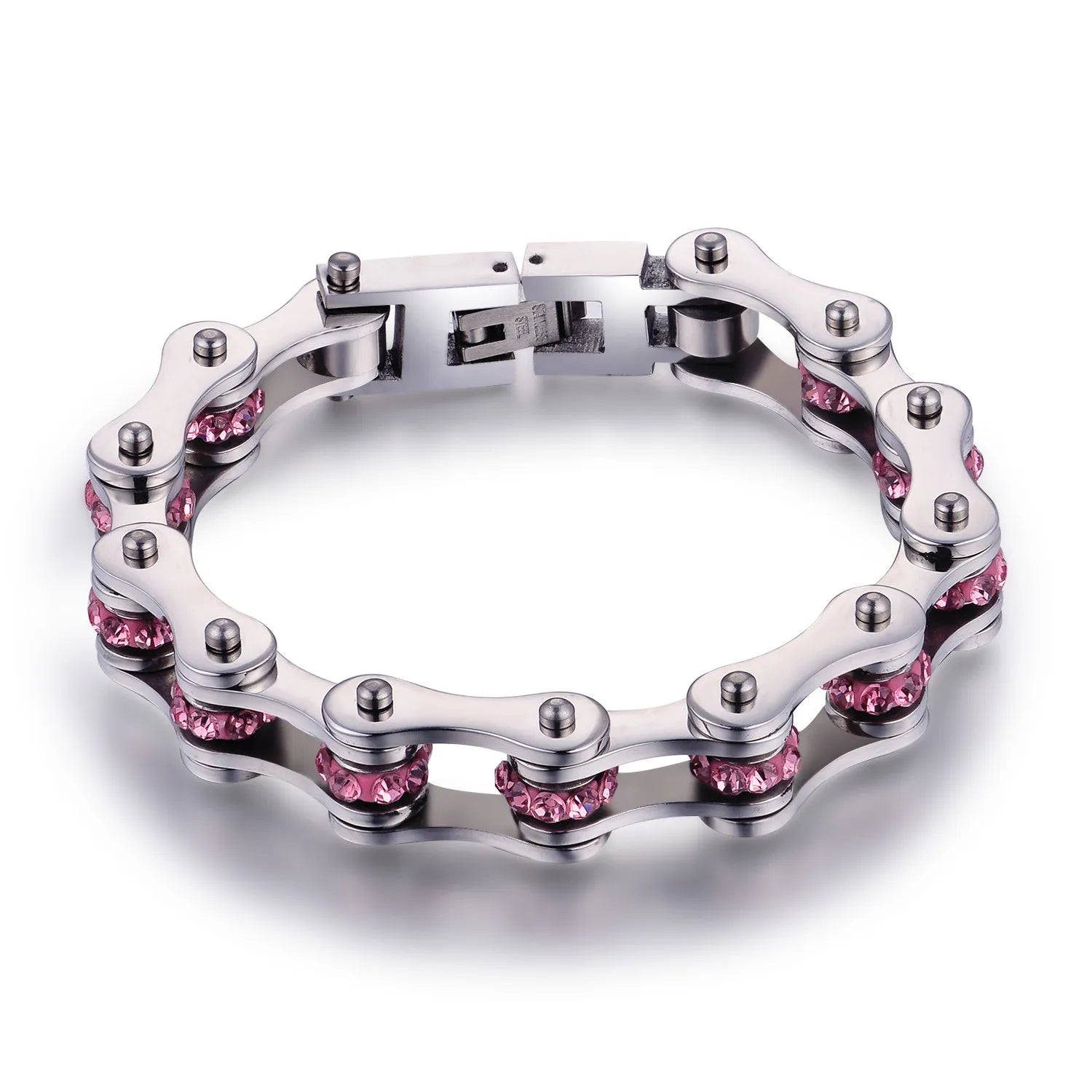 Motorcycle Chain Ladies Bling Bracelet Silver Color with Pink Crystal Link Chain 316 Stainless Steel Bicycle Biker Bracelet