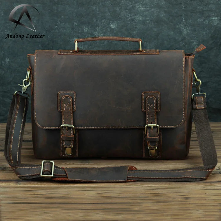 Andong Crazy Horse Leather Men Briefcase Retro Genuine Cowhide Shoulder Messenger Bag 15.6 Inch Laptop Business Bags Handbag