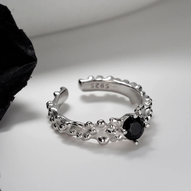 ICEBELA Jewelry Korean S925 Sterling Silver Gem Ring Female Light Luxury High-grade Texture Black Zircon Open Ring