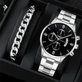 Men's Casual Business 2pcs Quartz Watch Set Trendy Three Eyes Digital Steel Bracelet Round Alloy Case Buckle Clasp Sport Style