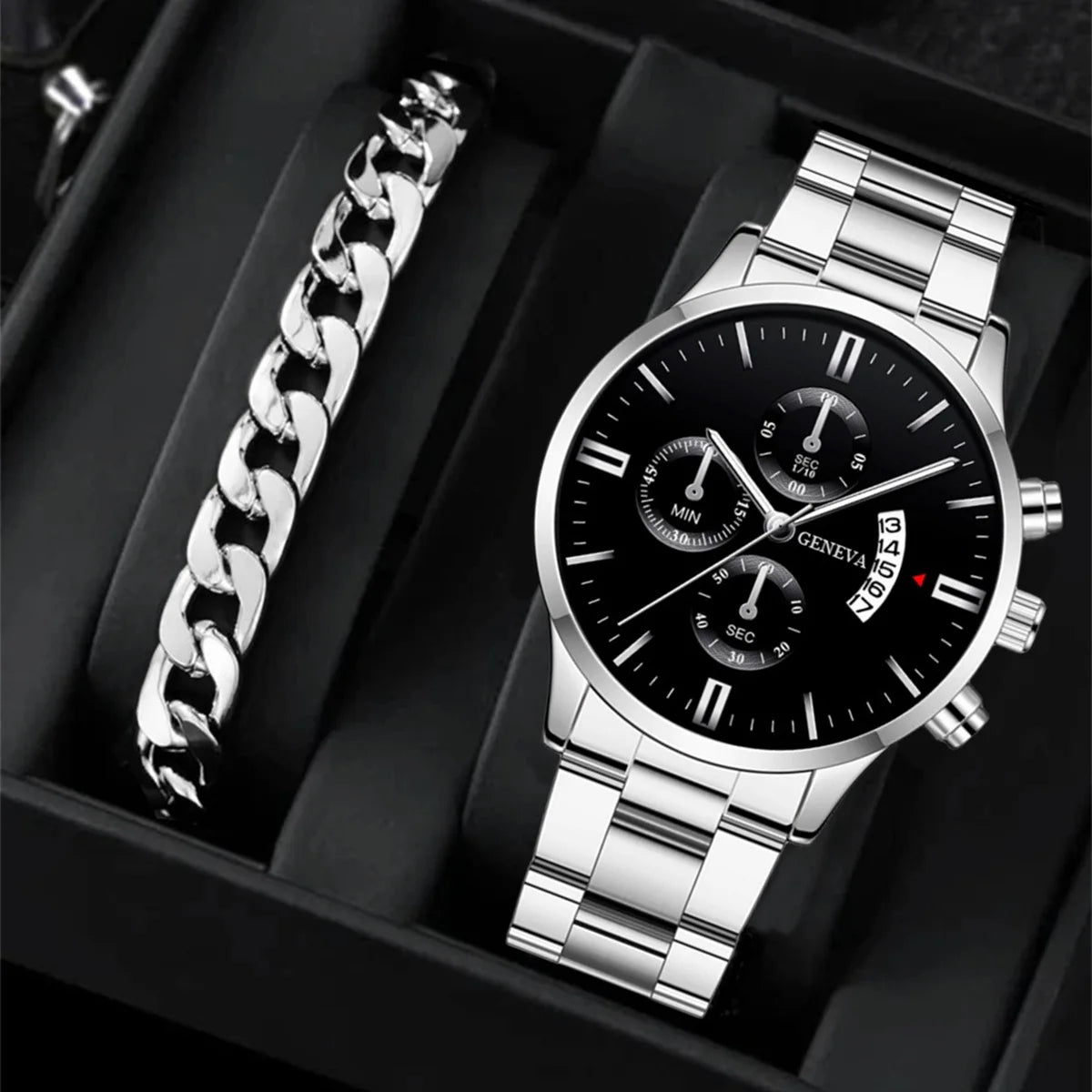 Men's Casual Business 2pcs Quartz Watch Set Trendy Three Eyes Digital Steel Bracelet Round Alloy Case Buckle Clasp Sport Style