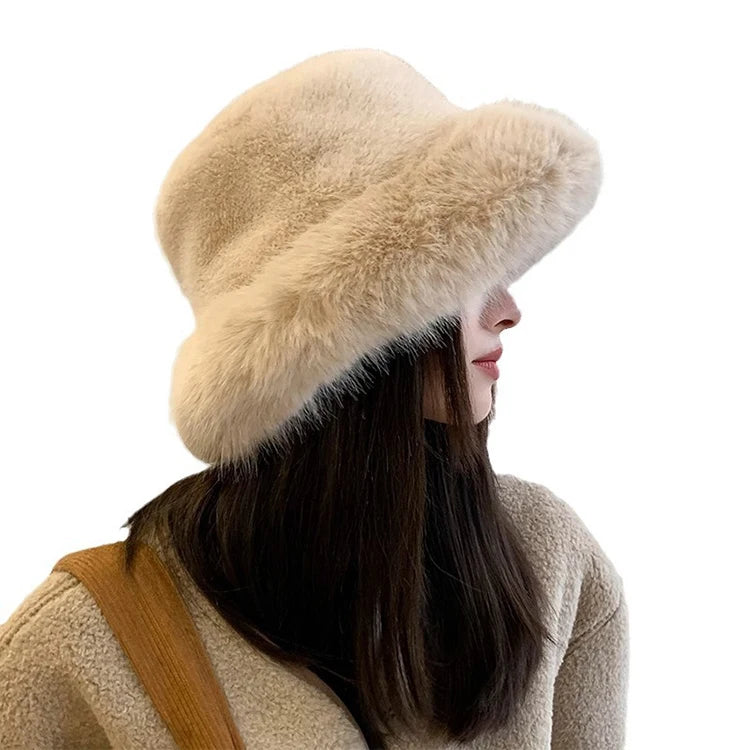 Europe and America New Winter Thicken Warm Fluffy Faux Fur Bucket Hat for Women
