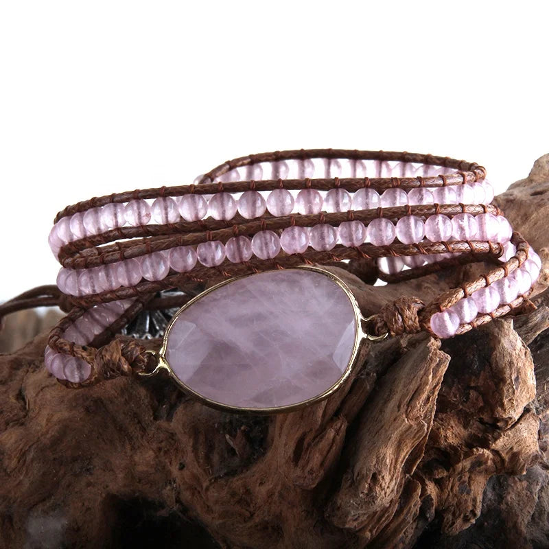 Fashion Woman Handmade Custom Beaded Bracelet Jewelry Natural Gemstone 3 Strand Amazonite Pink Quartz Leather Wrap Bracelets