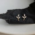 Mini Branch 14K Gold Plating Pure 925 Sterling Silver Crystal Leaf Shape Stud Earrings for Women Girls Jewelry