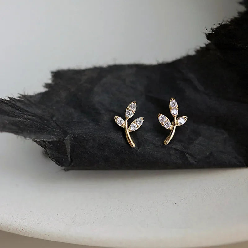Mini Branch 14K Gold Plating Pure 925 Sterling Silver Crystal Leaf Shape Stud Earrings for Women Girls Jewelry