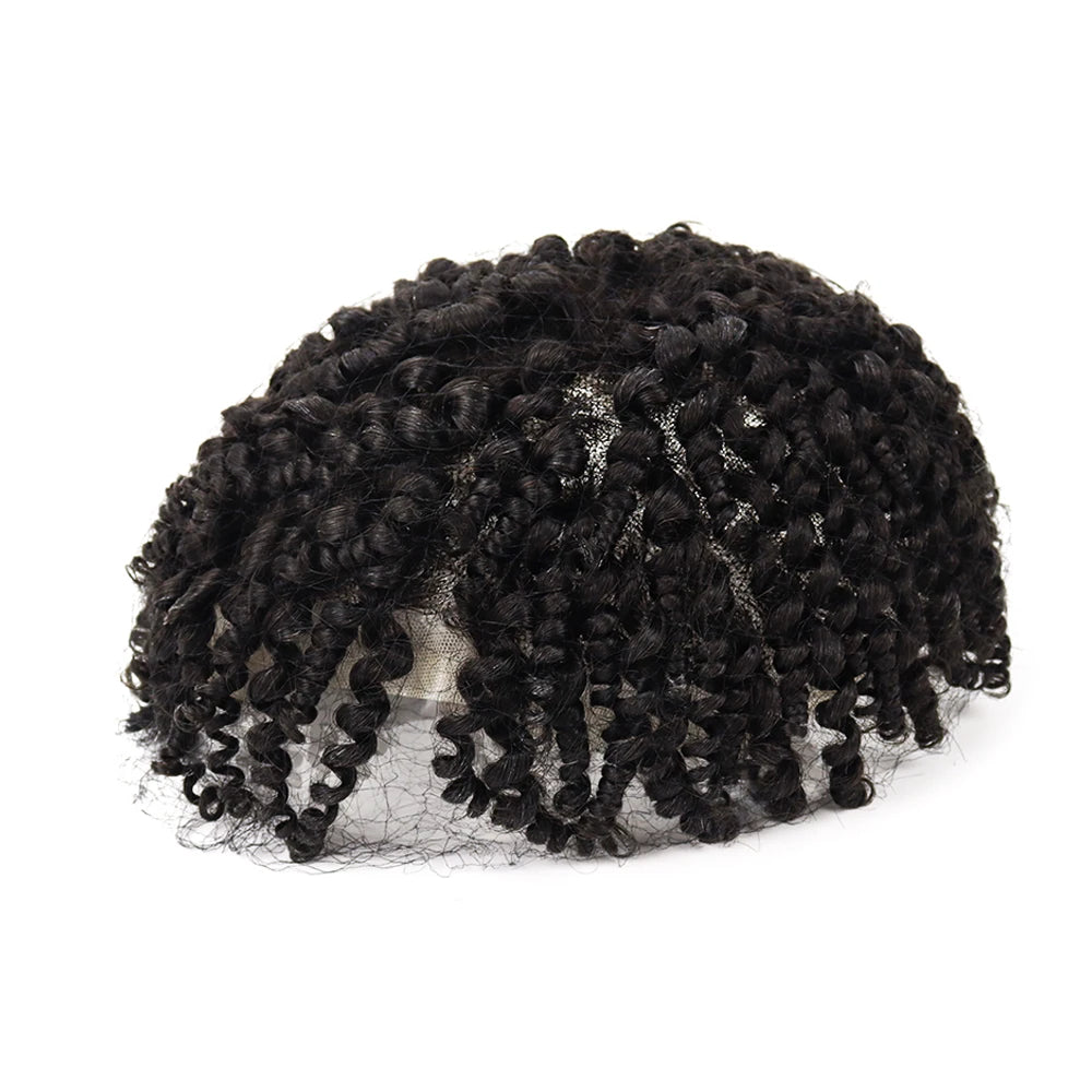 Afro Kinky Curly Hair Toupee Men Natural Looking 100% Brazilian Human Hair Toupee Lace & PU Mens Replacement System 1B# Remy