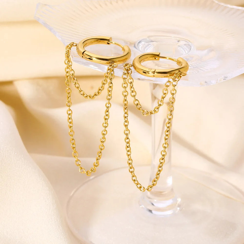 Fashion Hot Selling Chain Tassel Gold Silver Geometric Stainless Steel  Hoop Earrings Jewelry for Wedding