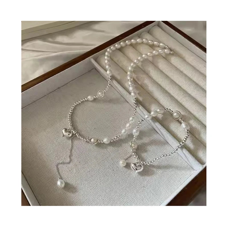 Handmade Round Silver Beads Natural Freshwater Pearl Beaded Necklaces 925 Sterling Silver Heart Charm Bracelet Necklaces Jewelry