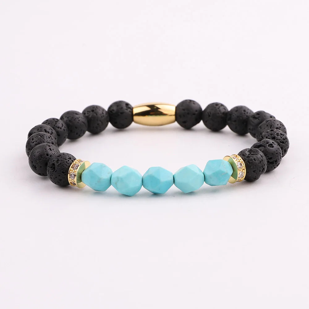 New Design Natural 7 Chakra Stone Beads CZ Pave Spacers Lava Stone Custom Logo Women Men Elastic Bracelet JBS11685