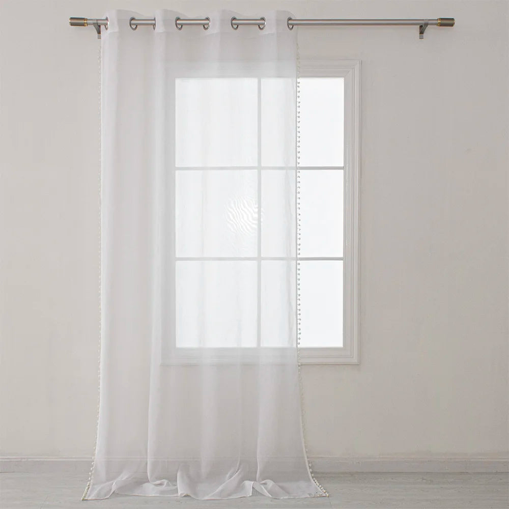 White Organza Sheer Tulle Pom Pom Curtains Pompom Design Window Decor with Tassel for Living Room Rideau Voilage