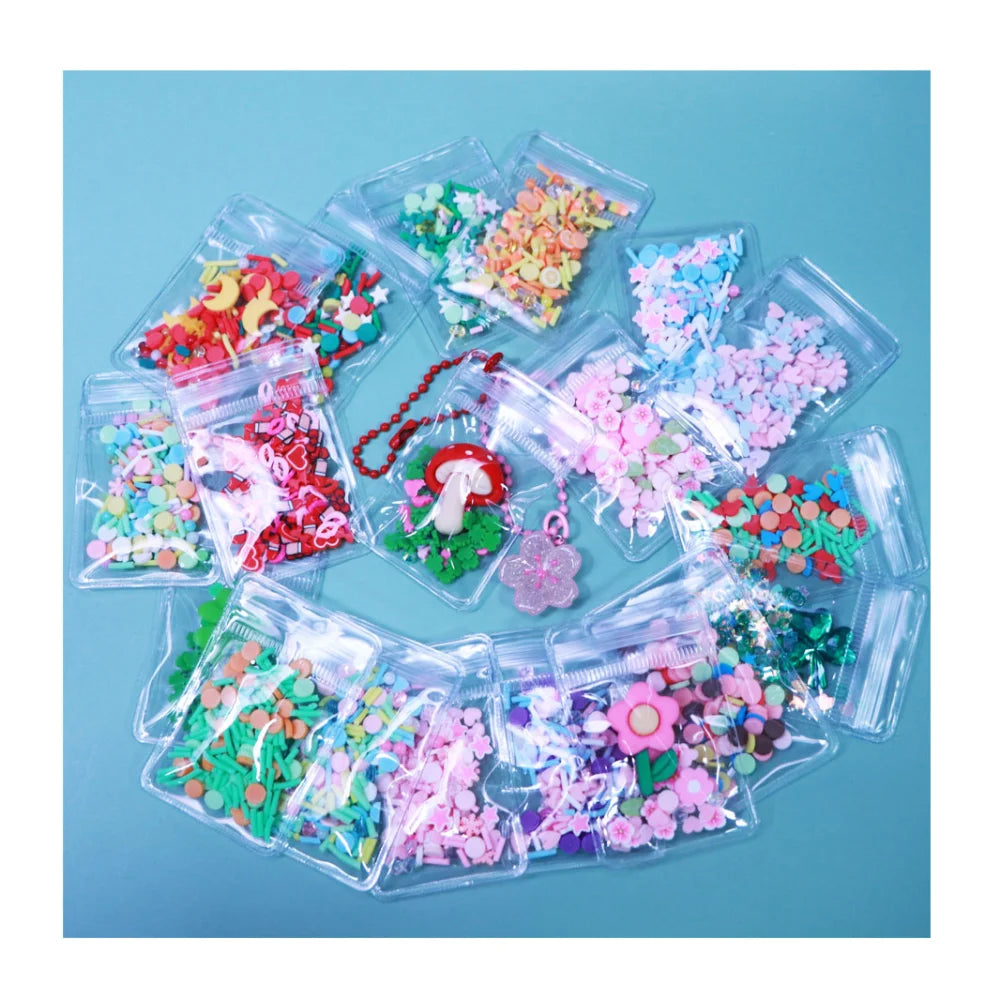 Mini OPP Bags Polymer Clay Slices Flower Heart Moon Clover Sprinkles for Key Pendant DIY Accessories