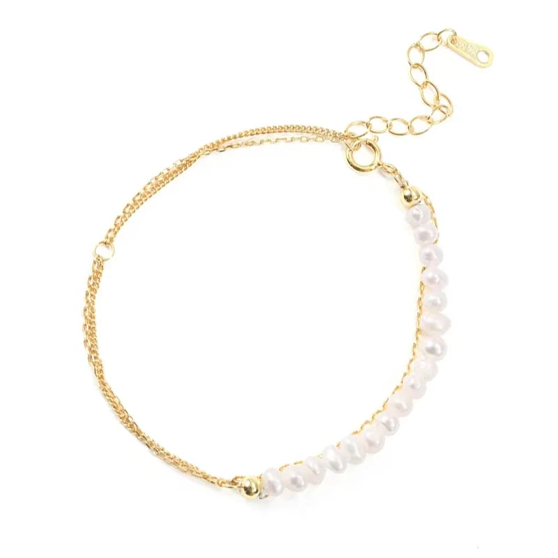 Sterling Silver 925 Double Chain Bracelet Gold Plated Pearl Bracelet Jewelry for Women