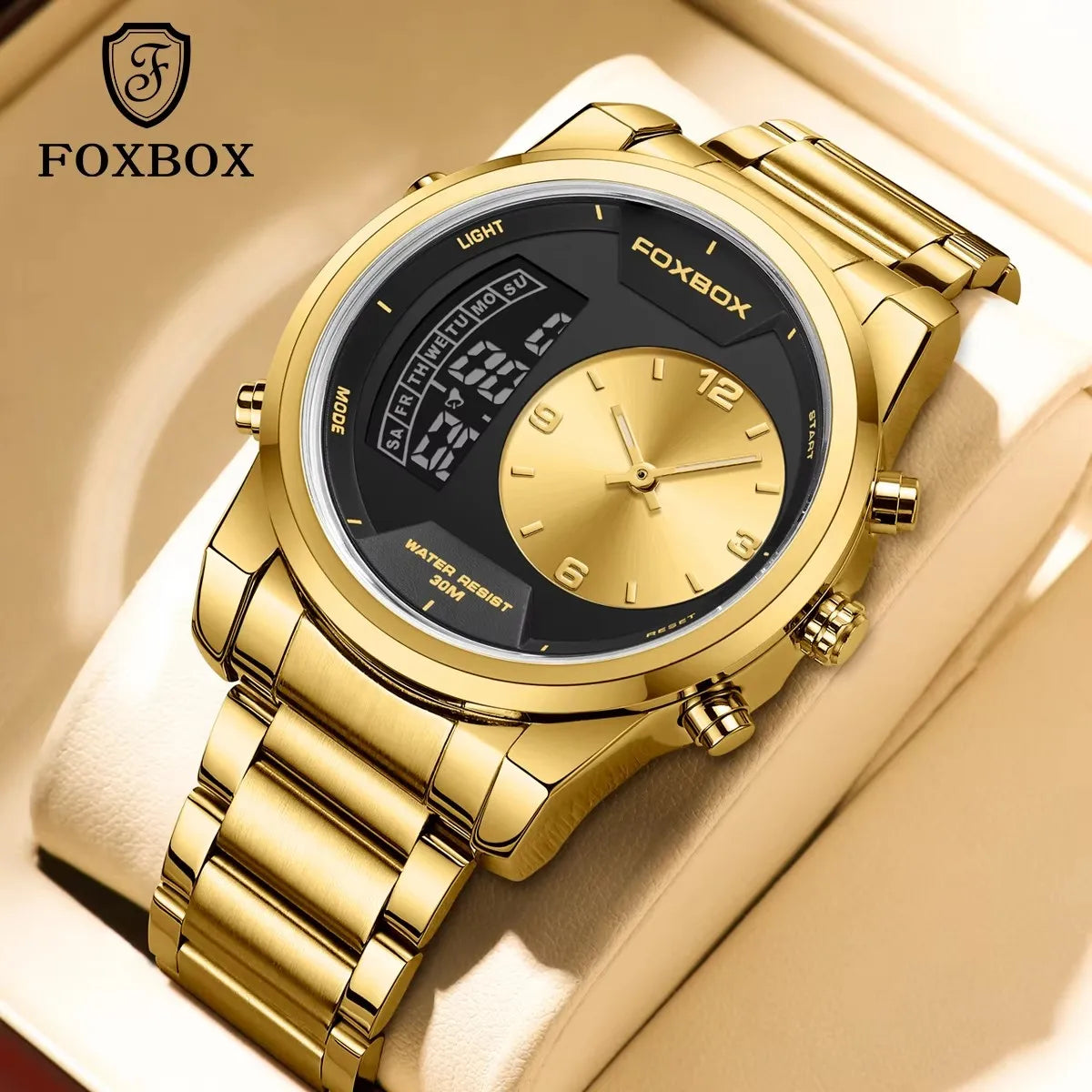 For FB0058 Custom Logo Luxury Two Time Zone Men's Sport 43mm Dial Stainless Steel Quartz Watch Waterproof Stop Watch Alarm