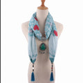 Women's Cotton Polyester Satin Floral Shawl Scarf Ornament Necklace with Pendant