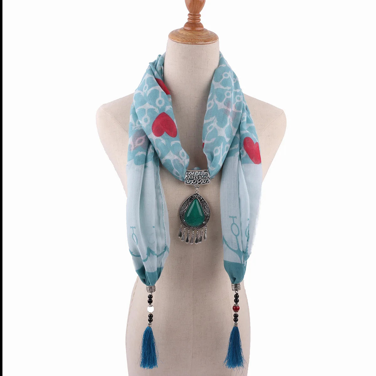 Women's Cotton Polyester Satin Floral Shawl Scarf Ornament Necklace with Pendant