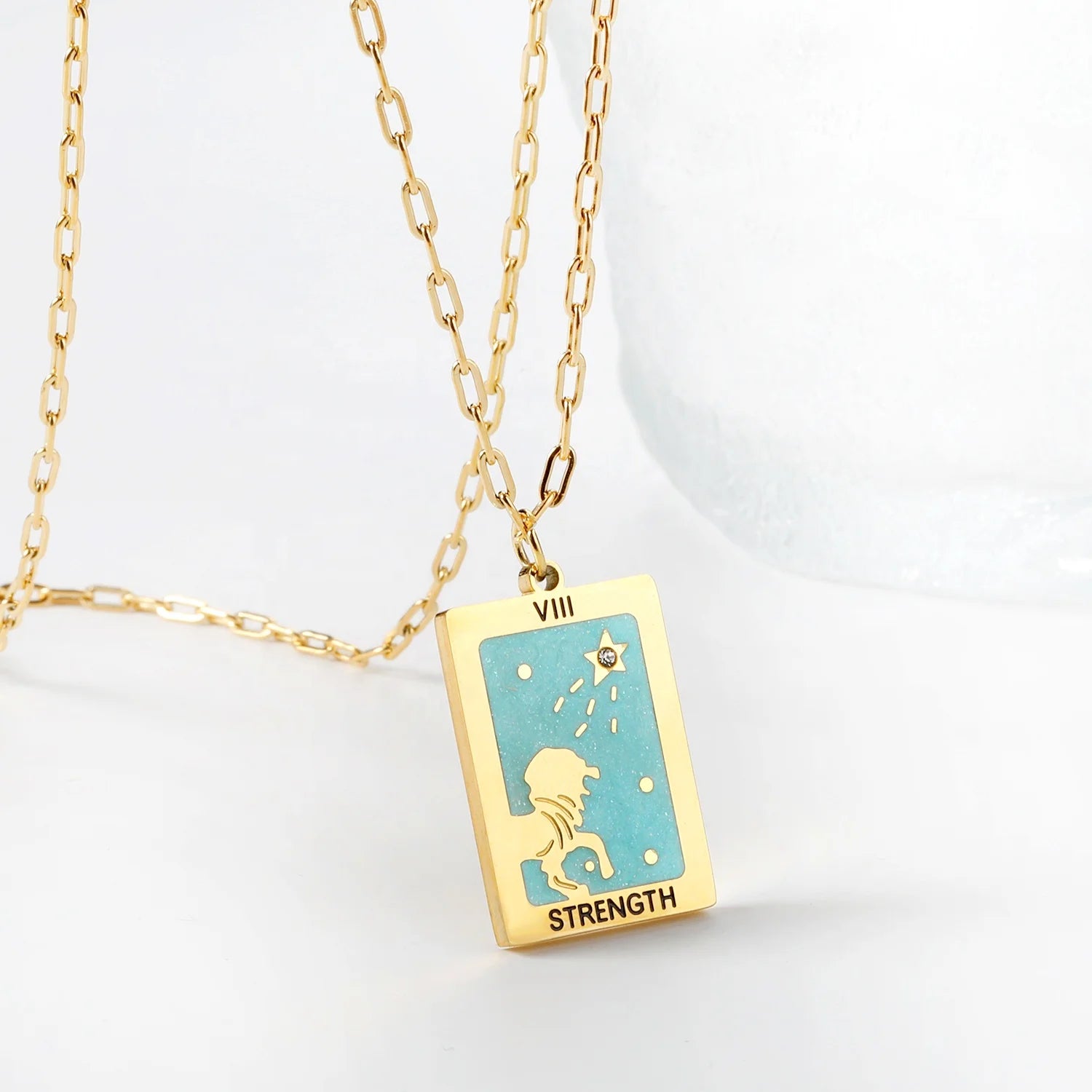 316 Stainless Steel Pvd 18k Gold Plated Tarot Brand Necklace  Rectangular Lion Lake Blue Pattern Pendant Necklace for Women