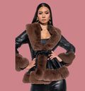 Women's Elegant Waterproof Soft Faux Fur Trimmed Leather Trench Coat Fox Fur Collar Double Breasted Button Detail Autumn/Winter
