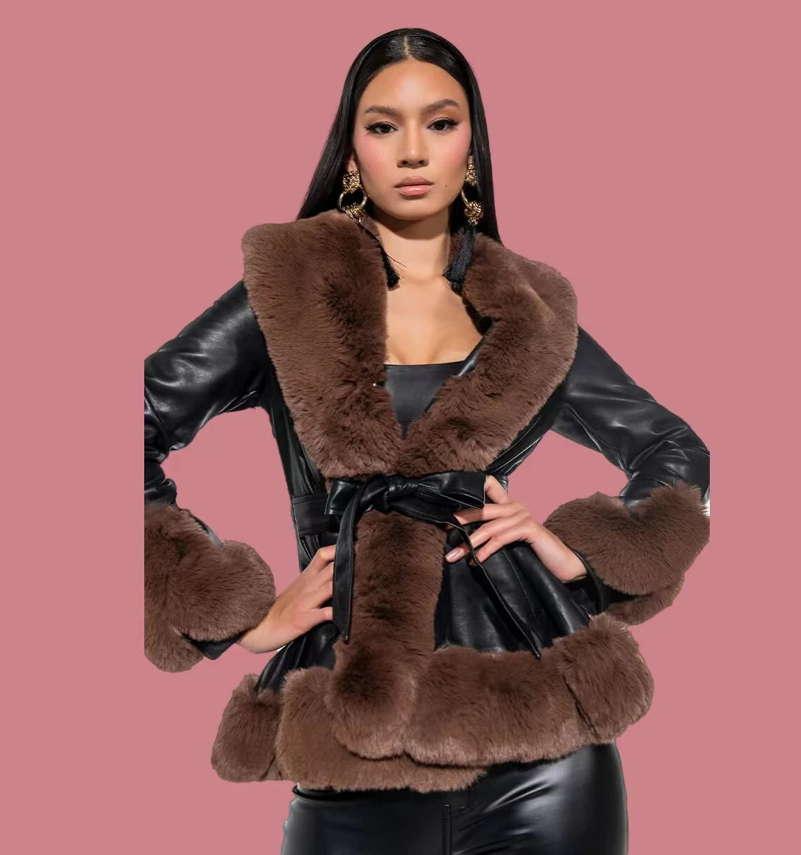 Women's Elegant Waterproof Soft Faux Fur Trimmed Leather Trench Coat Fox Fur Collar Double Breasted Button Detail Autumn/Winter