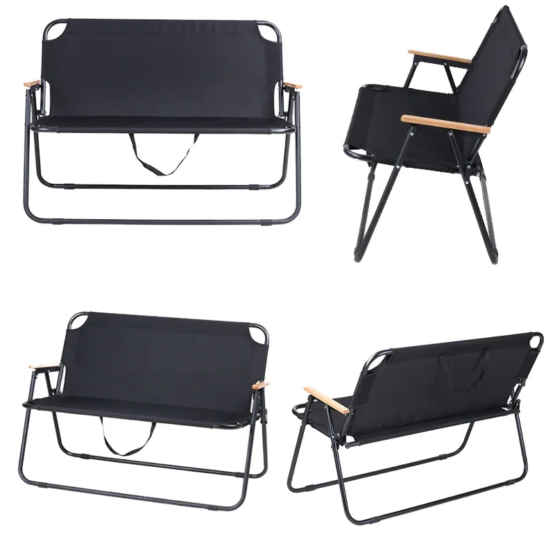2-person Outdoor Portable Folding Garden Beach Aluminum Camping Bench Double Chairs With Wooden Armrest