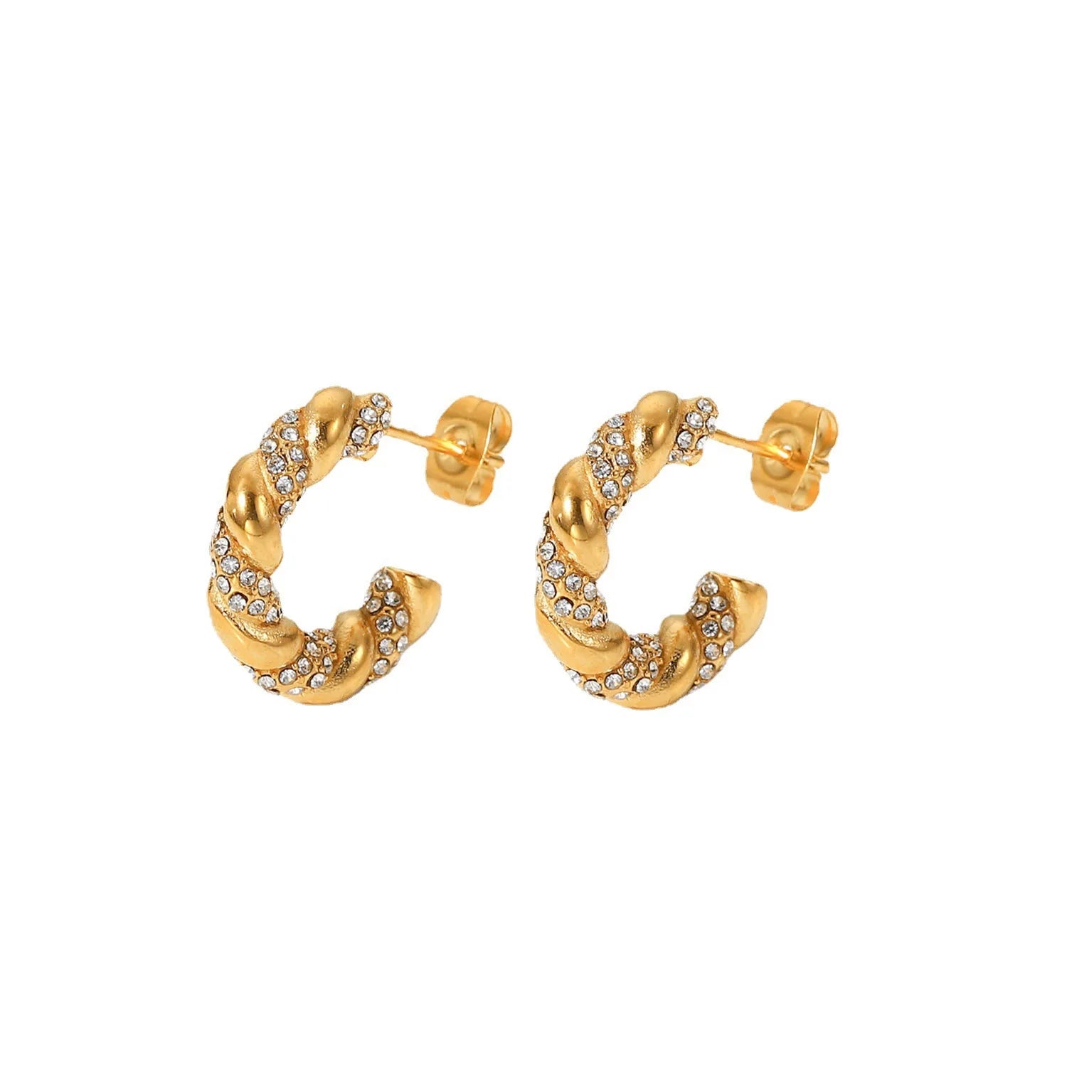 YF2314 Non Tarnish Jewelry CZ Zircon Twisted Rope Geometric Earrings 18K Gold Plated Stainless Steel Twist C Shape Stud Earring