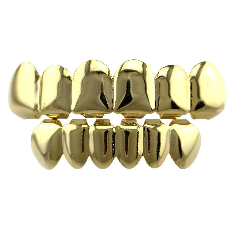 Qushine Top Bottom Gold-Plated Vampire Fangs Teeth Grillz Fashionable Hips Hops Real Gold Teeth Grills for Women and Men Gift