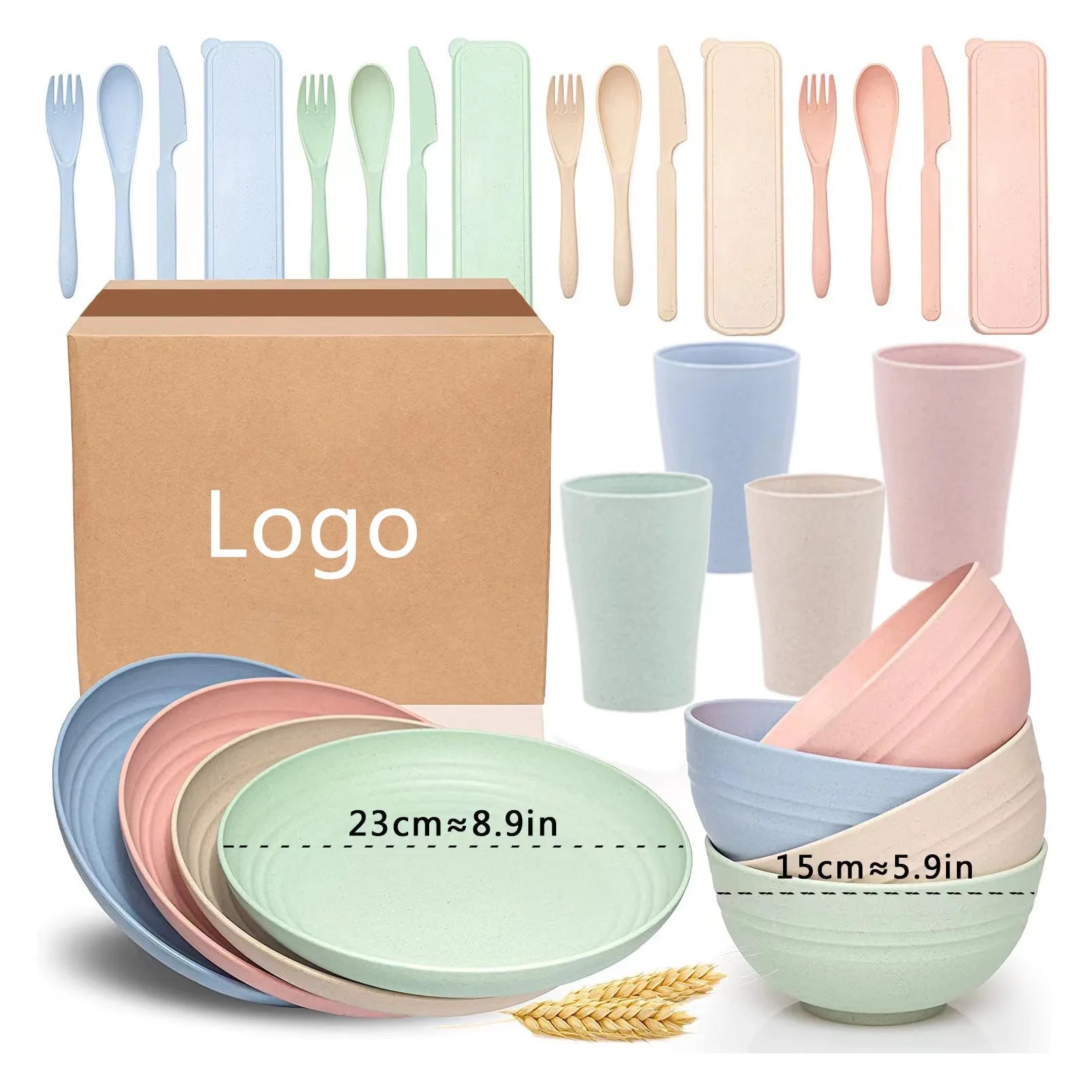 Eco-Friendly Wheat Straw Camping Dinnerware Set for Kids-Unbreakable Plates Bowls Cups & Dishes 28-Piece Custom Logo Option