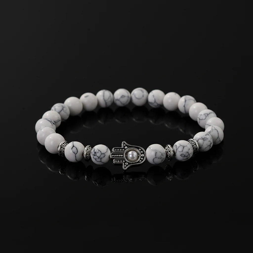 8mm Handmade Elastic Healing Gemstone Beads Vintage Silver Spacer Hands of the Virgin Mary Charm Beaded Couples Bracelets