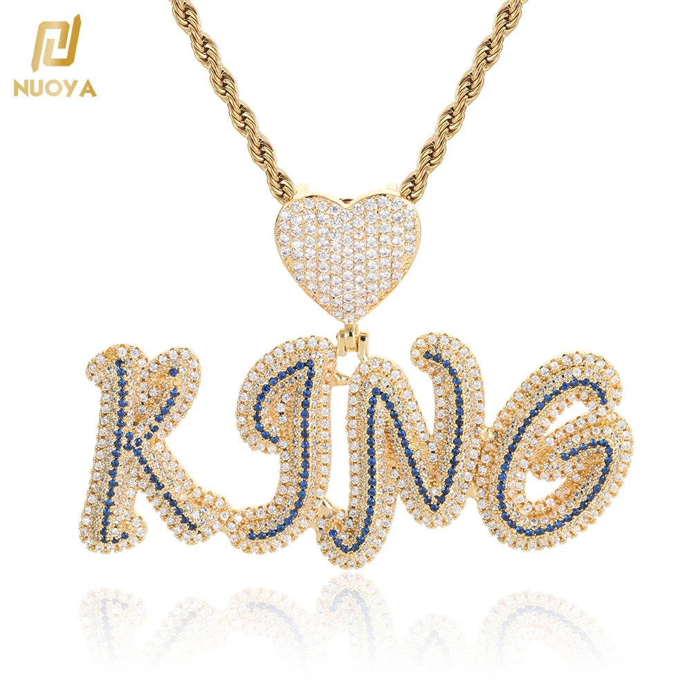 NUOYA Custom Name Pendant with Heart Hook Design Gold Plated Blue CZ Brusah Cursive Letter Charm Pendant Jewelry for Men Women