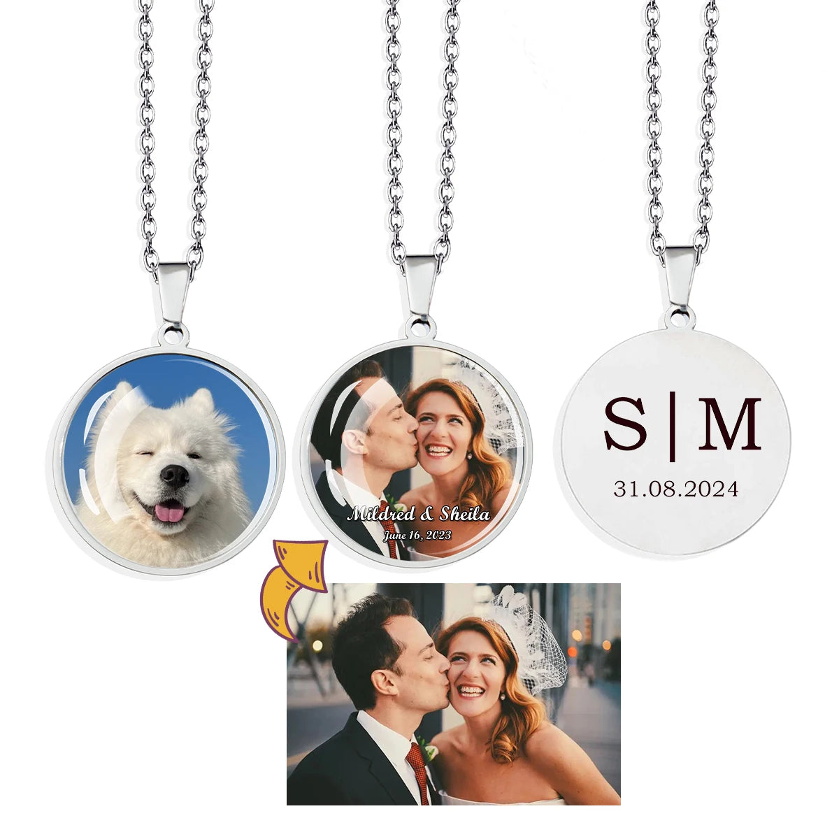 Custom Photo Jewelry Gift  Women Men Glass Cabochon Dome Pendant Engraving Name Logo Stainless Steel Necklace Personalized
