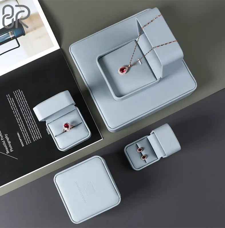High-grade PU Diamond Ring Jewelry Box High-grade Ring Necklace Bracelet Light Blue Fashion Storage Jewelry Box