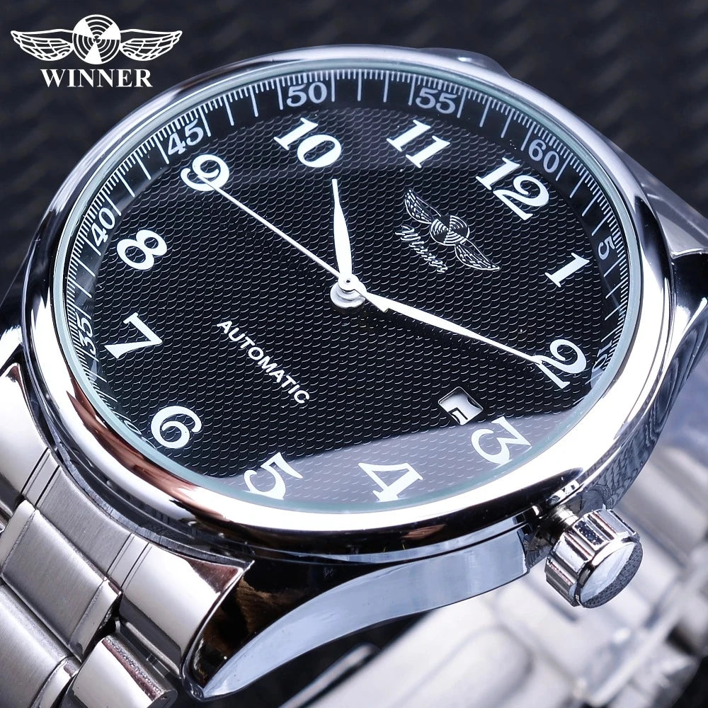 WINNER Automatic Watch Men Stainless Steel Bracelet Mechanical Watches Mens Waterproof Date Digital Clock Custom logo Reloj