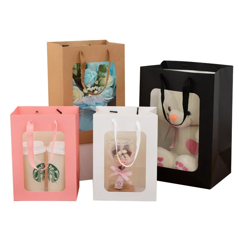 Custom Logo Paper Bag Bulk Holographic Transparent Windows Kraft Paper Gift Bag for Flower Packaging