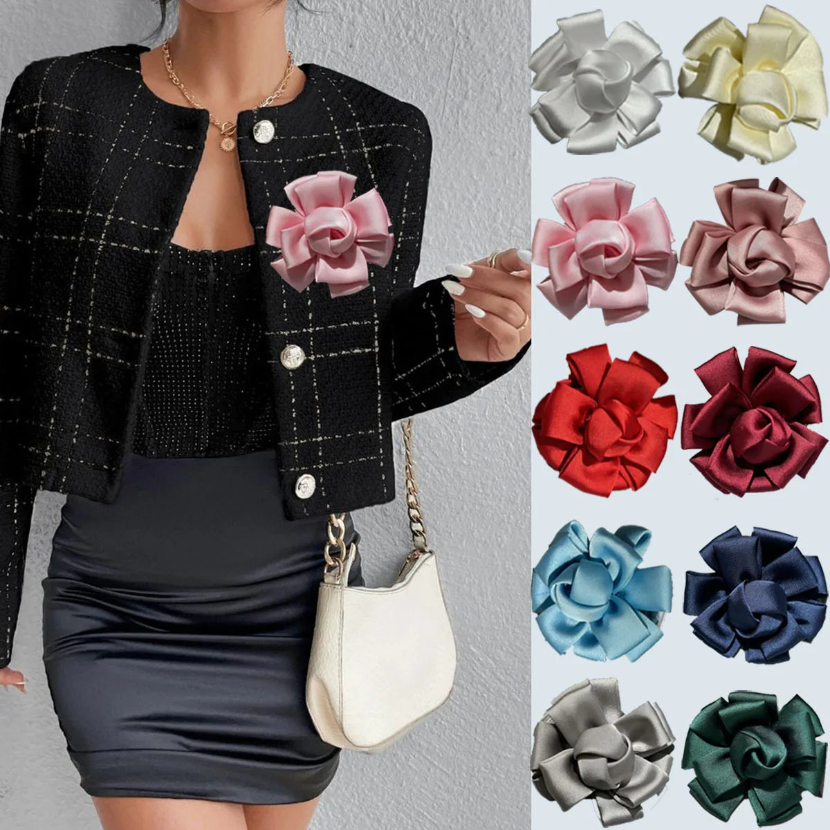 French 7cm Satin Bow Corsage Handcrafted Fabric Brooch Pin  Coat Sweater Suit Garment Flower Brooch